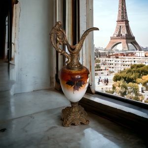 Early 20th Century Victorian Mantle Ewer. Hand Painted Art Glass Body. 16”x 7”